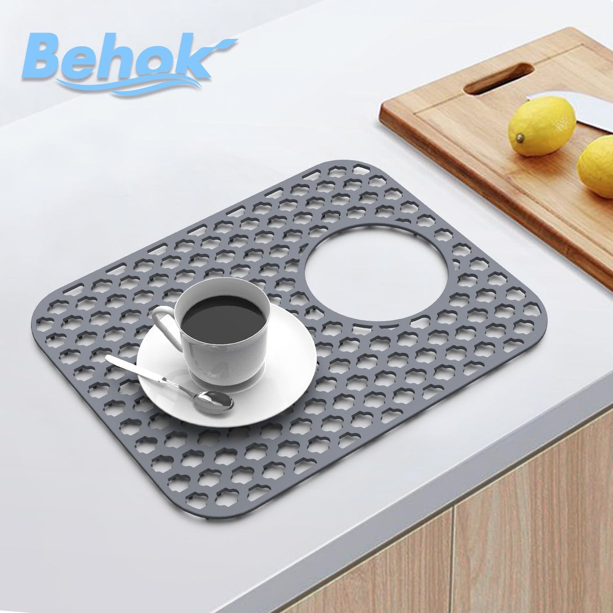 BEHOK 2 Pack Silicone Sink Protector for Kitchen Sink Bathroom Sink 13.58"x 11.6" Sink Mat, Non-Slip and Durable Silicone Sink Grid, Rear Drain (Gray) - PuriLite