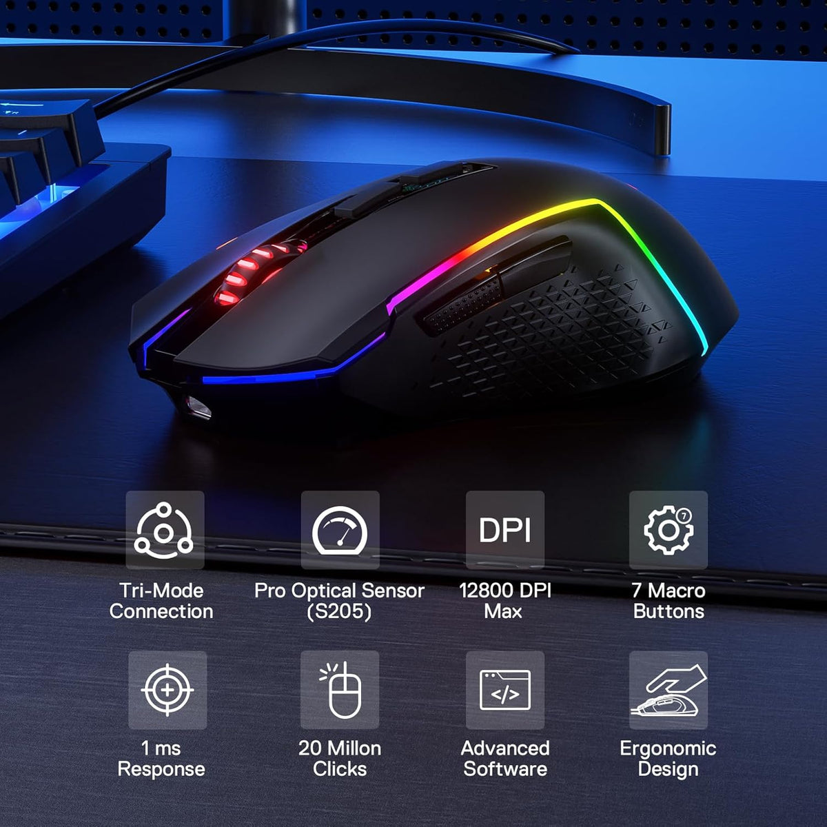 Redragon M693 Wireless Gaming Mouse, 8000 DPI Wired/Wireless Mouse w/ 3-Mode Connection, BT & 2.4G Wireless, 7 Macro Buttons, Durable Power Capacity for PC/Mac/Laptop - PuriLite