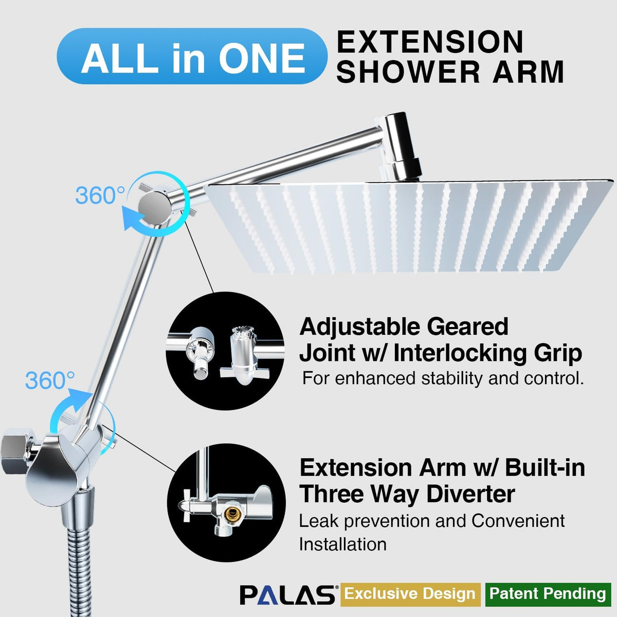 PALAS Rainfall Shower Head/Handheld Showerheads Combo, High Pressure Shower Head with Filter, Reinforced 60" Hose/Holder,Extension Arm Height/Angle Adjustable, Anti-Clog Nozzle (Chrome-8 Inches) - PuriLite
