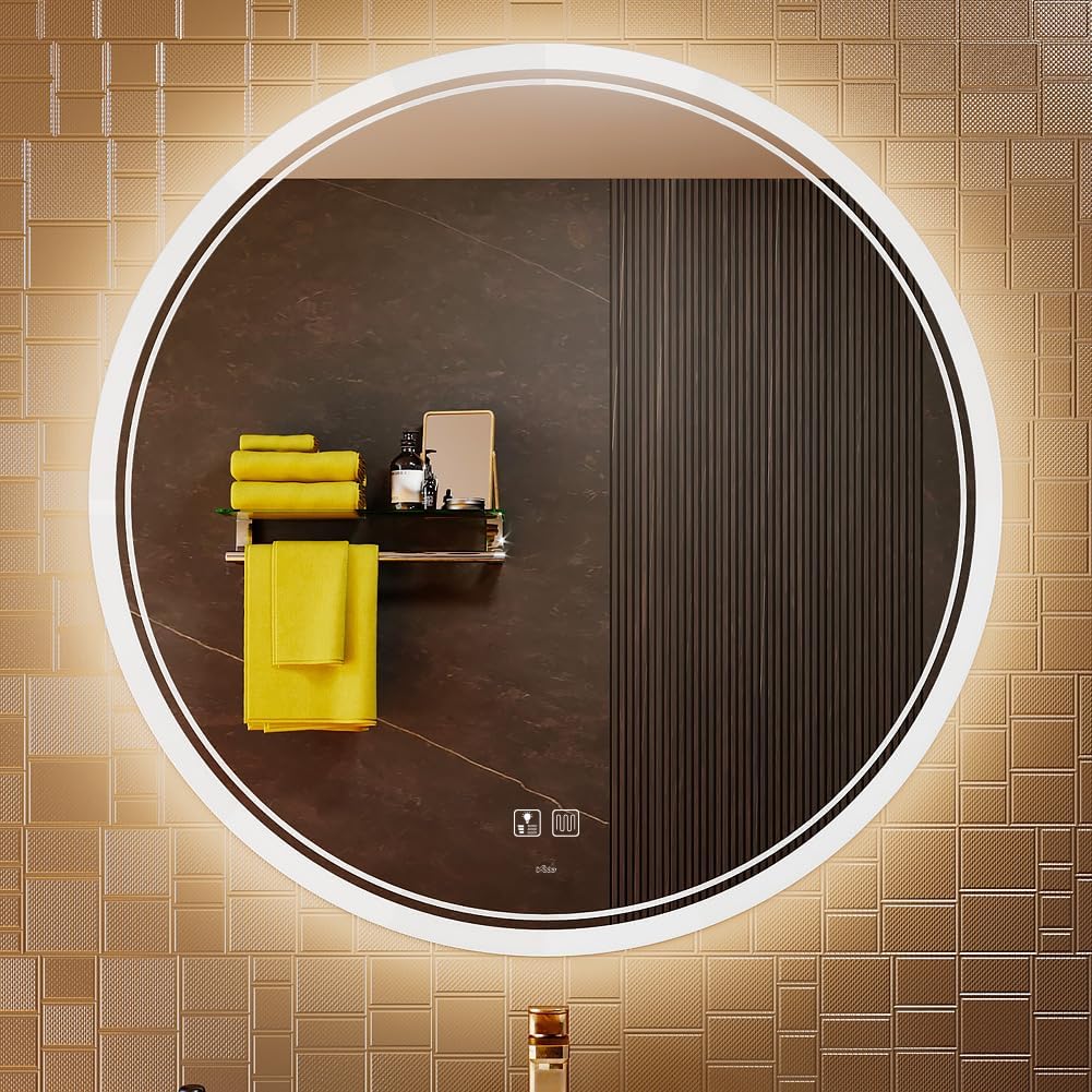 KWW Round Mirror Bathroom LED Lighted Mirror, Illuminated Dimmable Anti-Fog Wall-Mounted Makeup Vanity Mirror with Lights (24L x 24W inches) - PuriLite