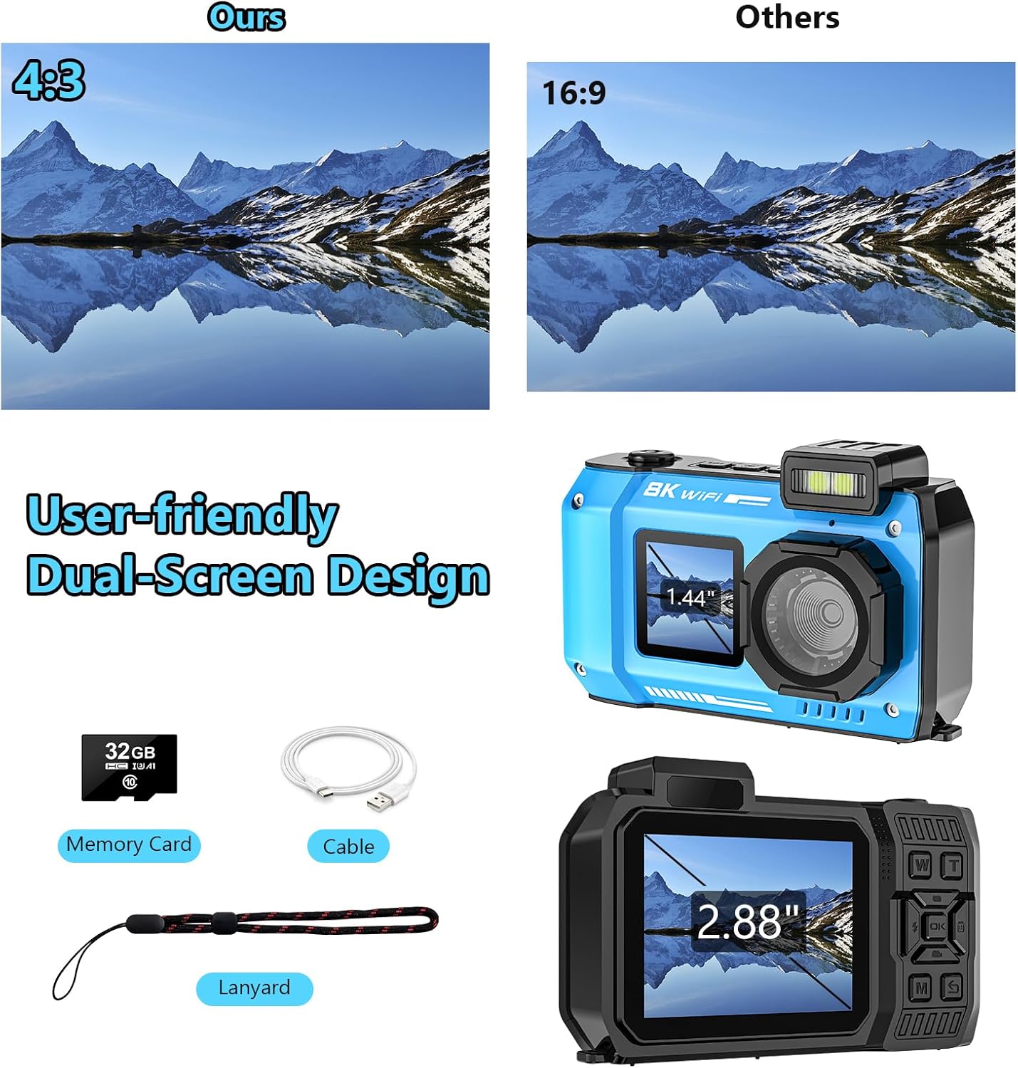 UHD 8K Underwater Camera, 70MP 33FT WiFi Waterproof Digital Camera with 64GB Card, Auto Focus Waterproof Dual-Screen Selfie 2500mAh Battery, 18X Floatable Digital for Snorkeling - PuriLite