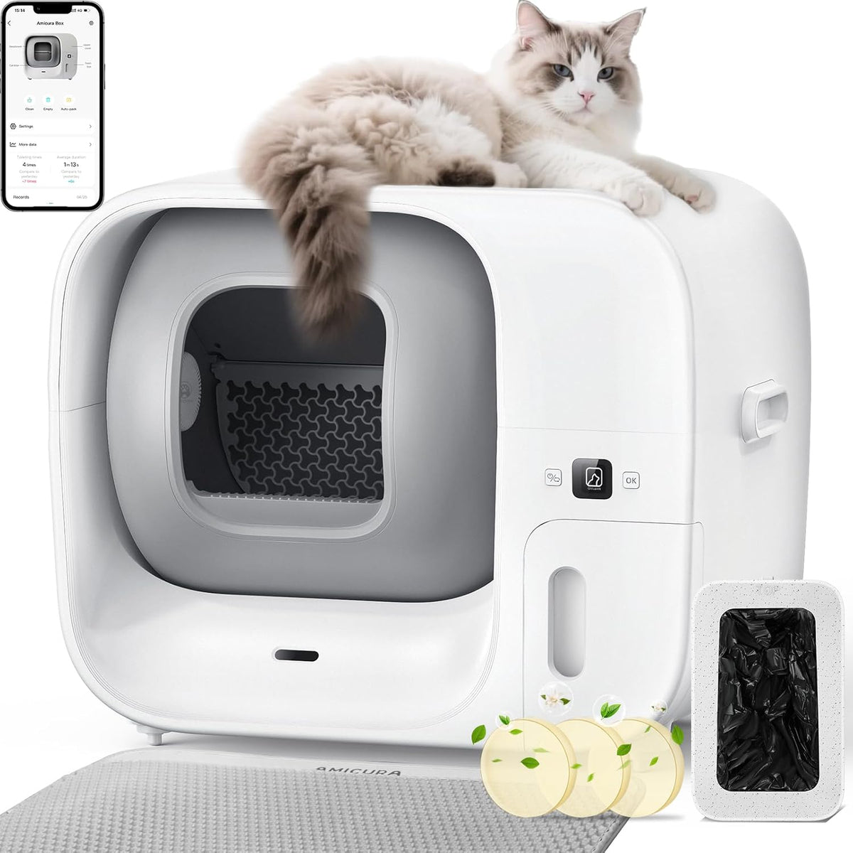Amicura Automatic Cat Litter Box, Self Cleaning, 360-Degree Detection Smart Anti-Pinch, App Control, Odor-Proof, 65L Extra Large Open-top Cat Litter Box, Ultra Quiet Cat Toilet - PuriLite