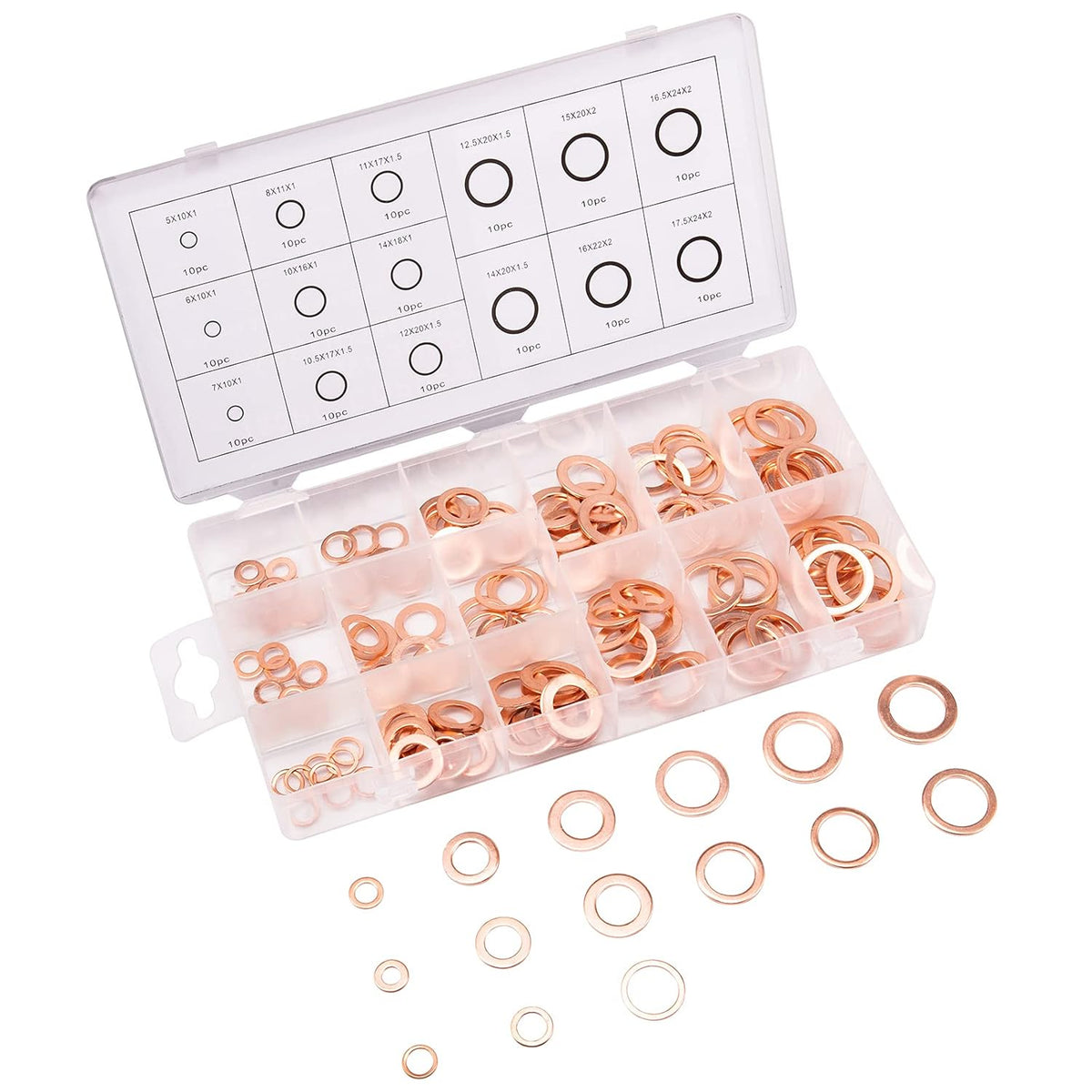 Toolwiz 150PCS 15 Sizes Copper Washers Metric Sealing Assortment Set Flat Ring Sump Plug Crush Washer Oil Drain Plug Gasket Seal Assortment Set M5/6/7/8/10/10.5/11/12/12.5/14/15/16/16.5/17.5 - PuriLite