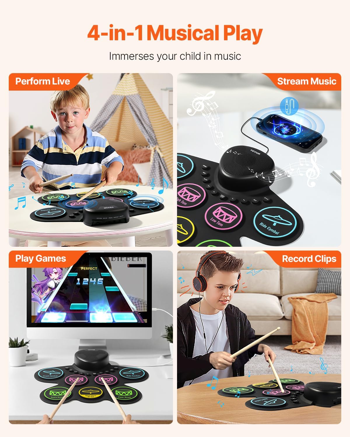 VEVOR Electric Drum Set, 7 Pads, Roll-up Drum Practice Pad, Electronic Drumset with Headphone - PuriLite