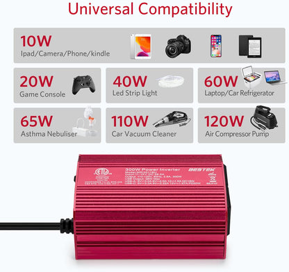 BESTEK 300W Car Power Inverter with 20W PD USB C and QC3.0 Quick Charging, DC 12V to 110V AC Car Plug Adapter Outlet Converter Multi-Protection Car Charger Power Inverter for Laptop Computer - PuriLite