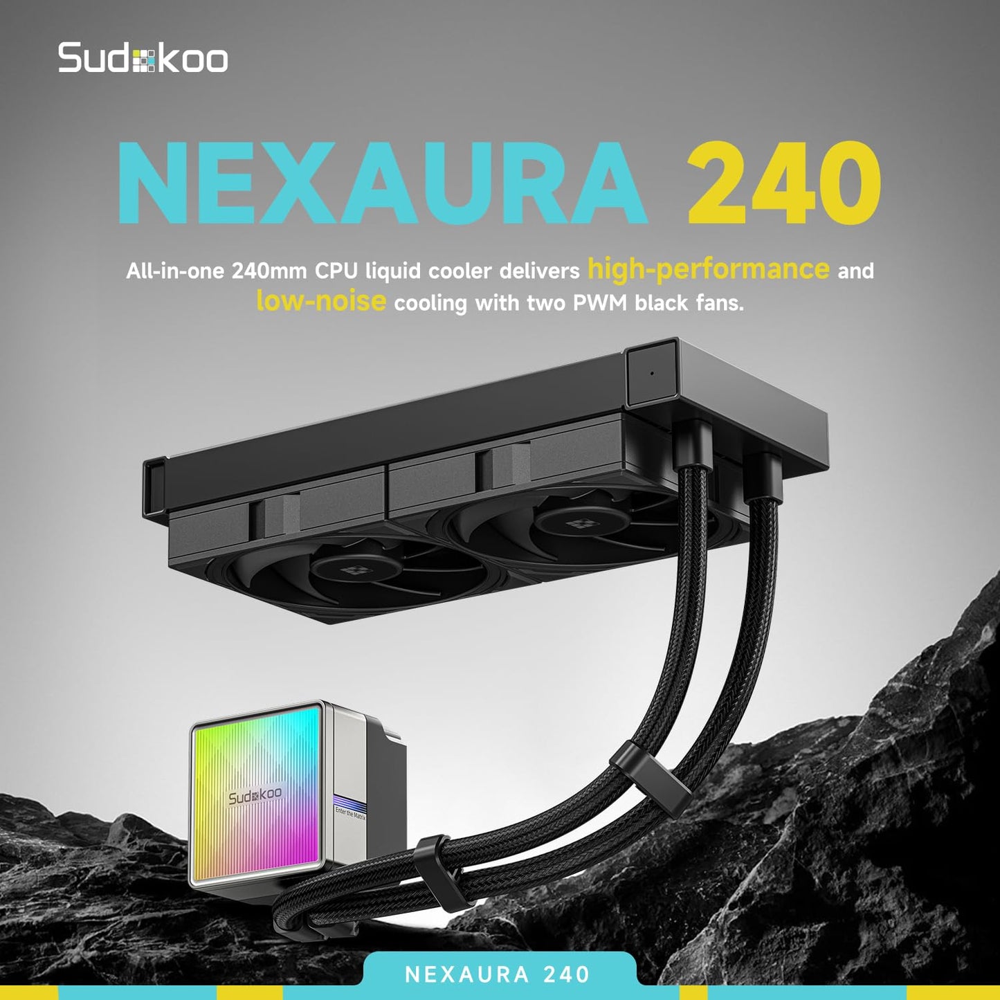 Sudokoo NEXAURA 240 Liquid CPU Cooler: 240mm AIO CPU Cooler with PWM Pump & ARGB Pump Head - Water Cooling with FDB Fans for Intel LGA 1851/1700/1200/115X AMD AM5/AM4 - Black - PuriLite