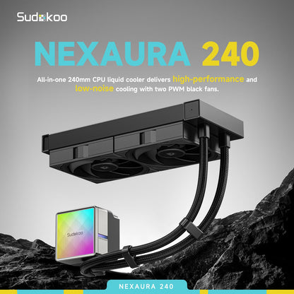 Sudokoo NEXAURA 240 Liquid CPU Cooler: 240mm AIO CPU Cooler with PWM Pump & ARGB Pump Head - Water Cooling with FDB Fans for Intel LGA 1851/1700/1200/115X AMD AM5/AM4 - Black - PuriLite