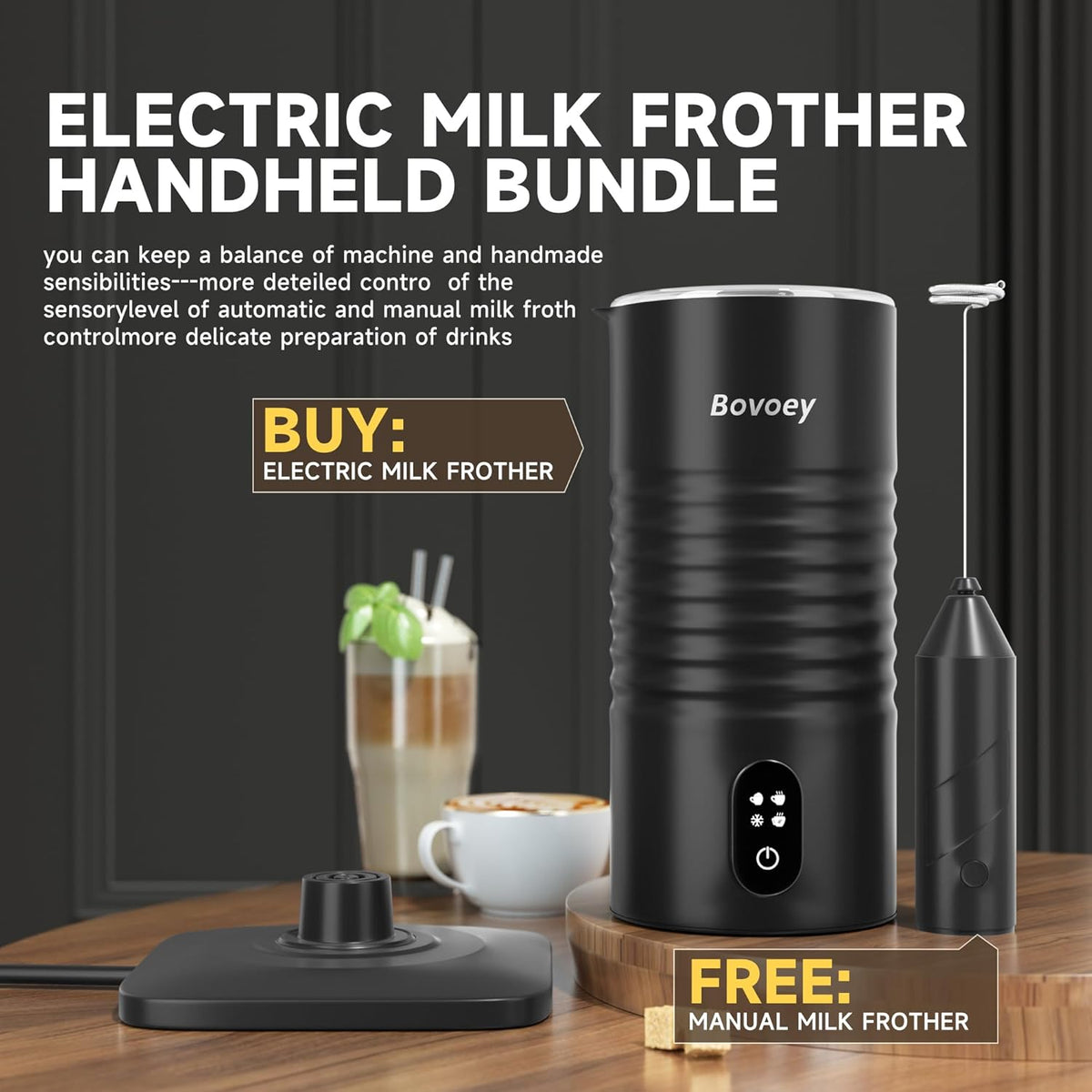 Electric Milk Frother Handheld Set,4 in 1 Automatic Milk Frother and Steamer,Cold Foam Maker Set for Hot Chocolate,Latte,Cappuccino and Macchiato,Electric Mixer Handheld Set for Coffee and Eggs Black - PuriLite