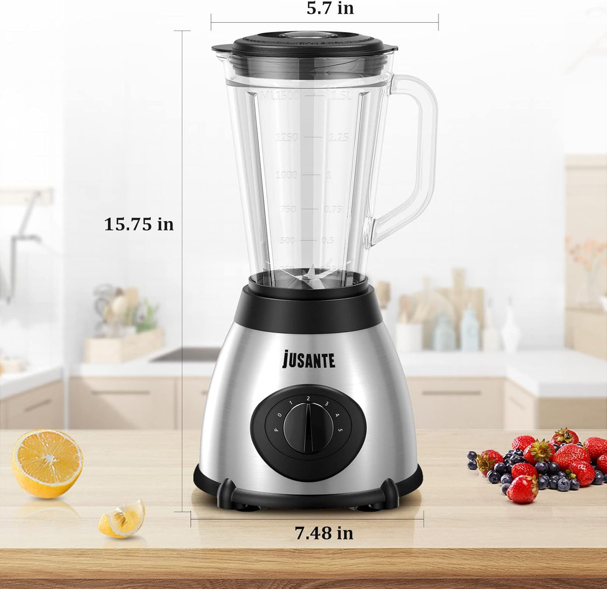 JUSANTE Smoothie Blender, 1000W Professional Kitchen Blender with Glass Jar for Shakes & Smoothies High Speed Countertop Blender for Ice Frozen Drinks - PuriLite