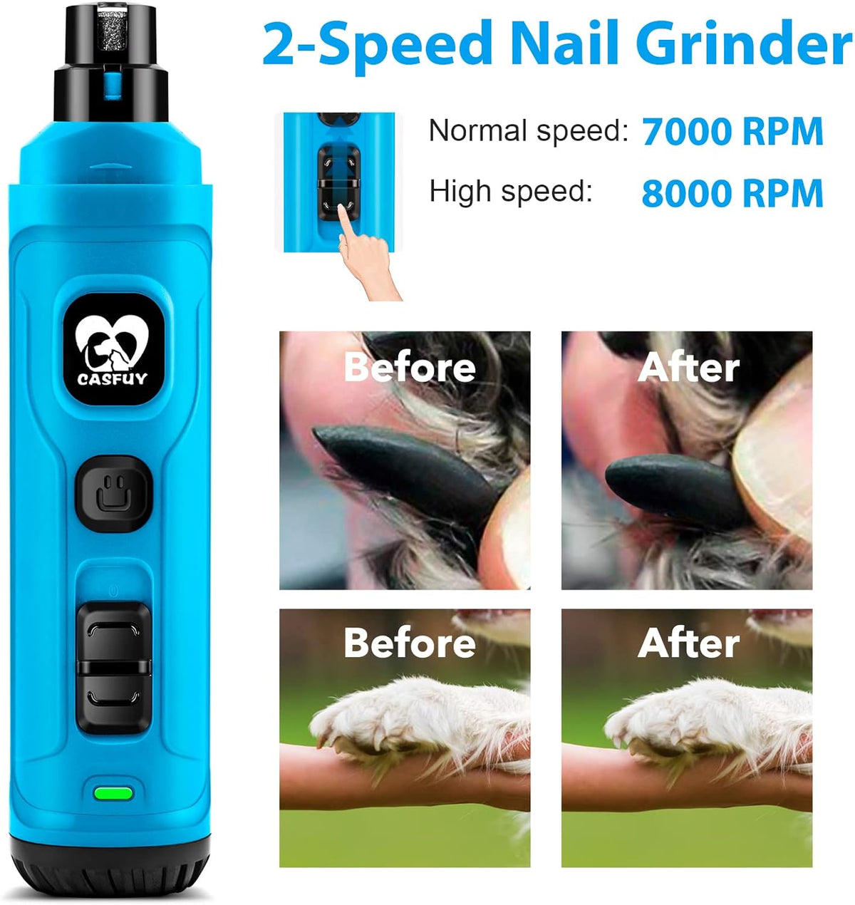Casfuy Dog Nail Grinder with 2 LED Light - New Version 2-Speed Powerful Electric Pet Nail Trimmer Professional Quiet Painless Paws Grooming & Smoothing for Small Medium Large Dogs and Cats (Blue) - PuriLite