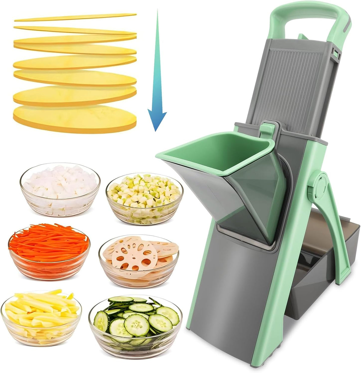 MEKOTRIN Vegetable Chopper Mandoline Slicer for Kitchen, Vegetable Food Slice Potato Slicer Chopper, Veggie Chopper with Container, Adjustable Thickness Julienne + Dicer, Kitchen Tools Gadgets, Green - PuriLite