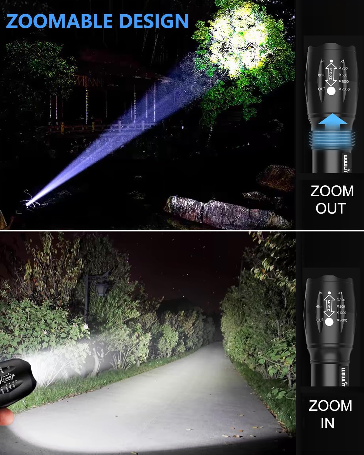 Ultra Bright Tactical LED Flashlight 2 Pack, Adjustable Focus Zoom Torch with 5 Light Modes, Durable Aluminum Flashlight for Camping, Hiking, Emergency and Outdoor Use - PuriLite