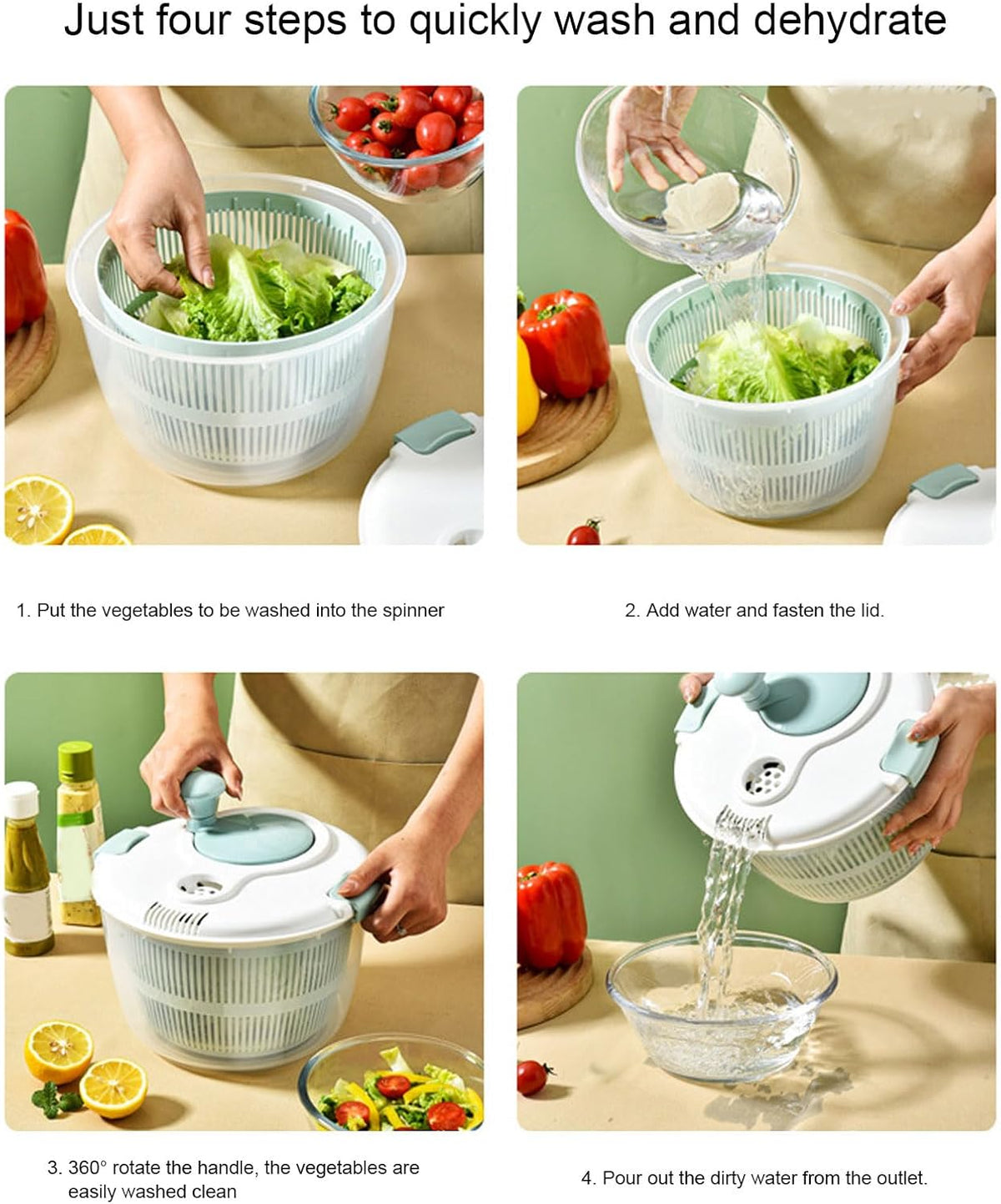 Salad Spinner Vegetable Dryer Lettuce Spinner 5L Large Capacity Fruit Washing Bowl with Strainer Manual Water Drainage Multi Purpose Kitchen Tool - PuriLite