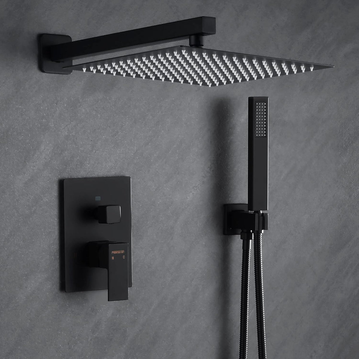 Fransiton Shower System Rain Shower System Set Ceiling Mounted, Rainfall Shower Head with Handheld, Bathroom Shower Kit (Valve Included) (8" - Wall Mount, Matte Black) - PuriLite