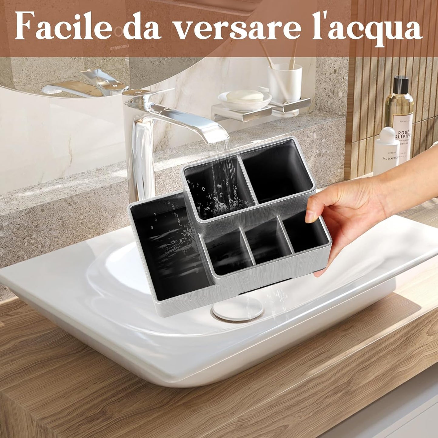 Toothbrush Holder, Bathroom Organizers Countertop, 6 Compartments Multifunctional Washroom Organizer for Toothpaste, Cosmetic, Makeup, Office Stationery Pencils（Silver）