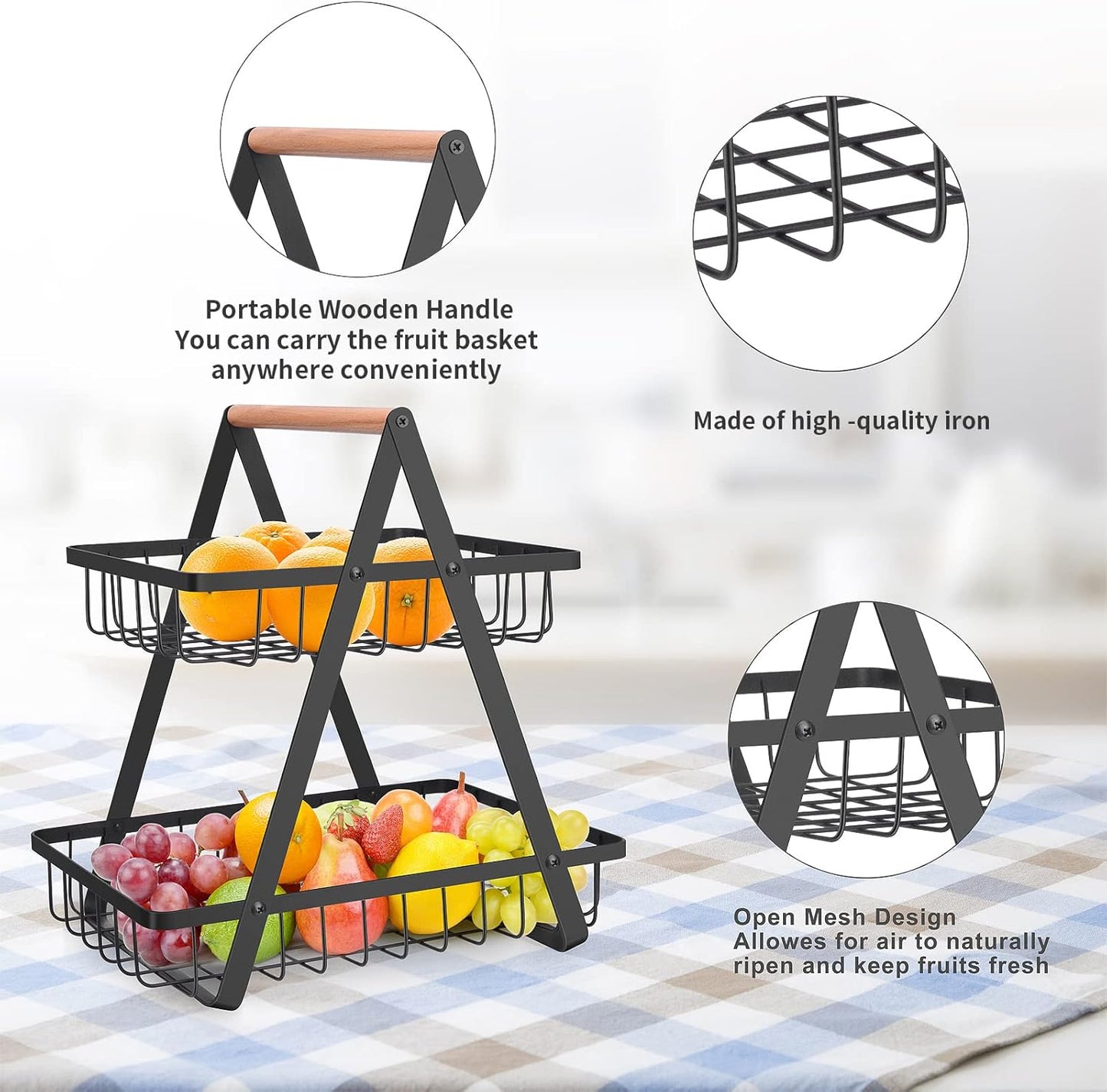 2 Tier Countertop Fruit Basket,Portable Fruit Bowle Basket for Kitchen Organizer Storage & Dining Room Fruits Vegetable Bread Snacks,MAHUEEOL Detachable Metal Rectangle Basket Storage - PuriLite