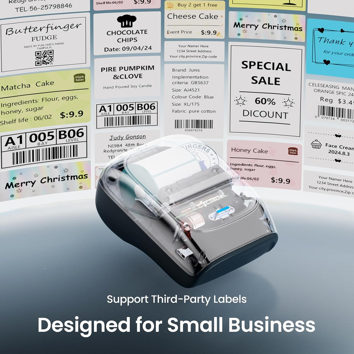 Bluetooth Thermal Label Maker Printer, Portable Mini Sticker and Barcode Printer with Included Label Roll for Home and Office - PuriLite