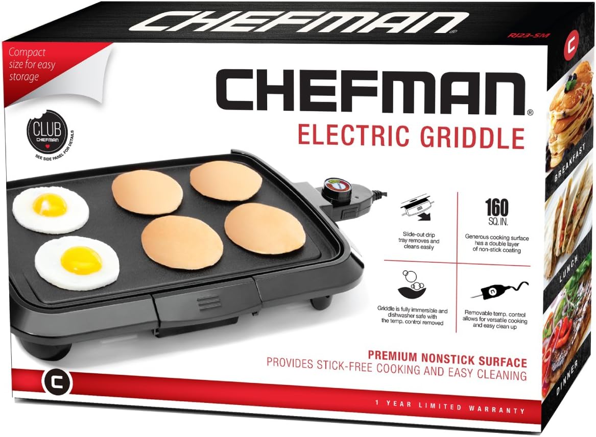 Chefman Electric Griddle, Fully Immersible and Dishwasher Safe Features, Adjustable Temperature Control Allows for Versatile Cooking and Removable Slide-out Drip Tray for Easy Cleaning, Black - PuriLite