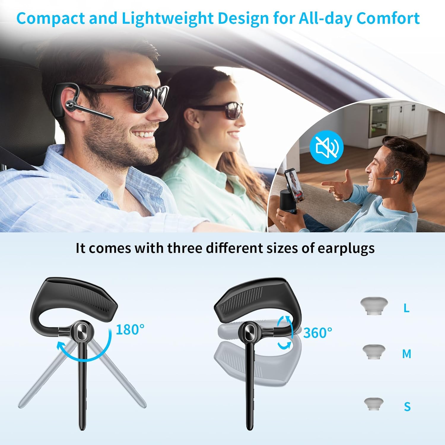 Wireless Headset Bluetooth Earpiece with Dual Noise Canceling Microphone Hands Free Headphones Single Ear Earphone Over Ear Earbud for iPhone Samsung Android Cellphones TV PC Trucker Game Work - PuriLite