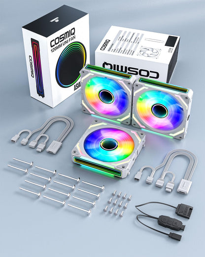 AsiaHorse COSMIQ-Black 120mm PC RGB Fans, 5V 3-PIN Connector Daisy Chain FDB PWM Computer Case Fans with RGB Controller for Cases CPU Liquid Coolers, 3Pack (Black) (White, 3_Pack_Forward_Blade) - PuriLite