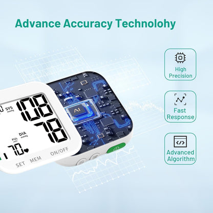Blood Pressure Monitor for Home Use Large LCD Display Rechargeable BP Machine Adjustable Wrist Cuff 4.92-8.46 Inch 2x120 Reading Memory with Carrying Case, White - PuriLite