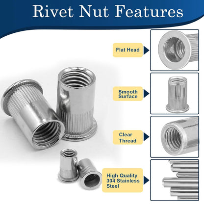 Vifmy Metric & SAE Rivet Nut Assortment Kit(420 Pcs),m3 m4 m5 m6 m8 m10 m12#6-32#8-32#10-24 1/4"-20 5/16"-18 3/8"-16 UNC Flat Head Rivnut Set,Zinc Plated Finish Carbon Steel Nutsert - PuriLite