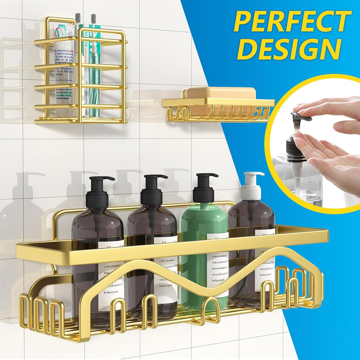 Coraje Adhesive Shower Caddy, 5-Pack Shower Shelves, Large Capacity Load Bearing 40 LBS Shower Organizer, No Drilling Shower Shelf, Rustproof Stainless Steel Bathroom Shower Storage, Black - PuriLite