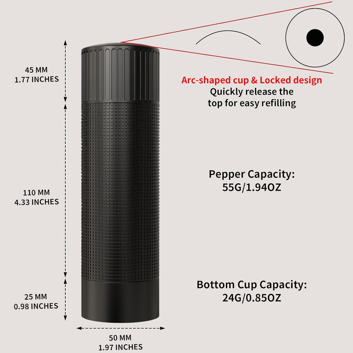 WhiteRhino Professional Grade Pepper Mill, 430 Stainless Steel Blade Premium Hand Metal Pepper Grinder Heavy Duty,Refillable Aluminum Manual Pepper Mill with Adjustable Coarseness-Black - PuriLite