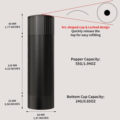 WhiteRhino Professional Grade Pepper Mill, 430 Stainless Steel Blade Premium Hand Metal Pepper Grinder Heavy Duty,Refillable Aluminum Manual Pepper Mill with Adjustable Coarseness-Black - PuriLite