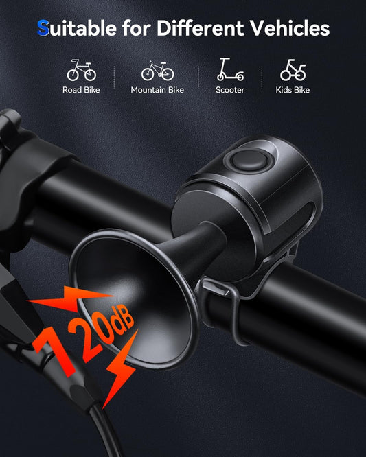 EQIIO Electric Bike Horn for Adults Kids, 120db Loud Bicycle Horn for Handlebars, IPX4 Waterproof Bike Bell for Bike, Scooter, EBike - PuriLite