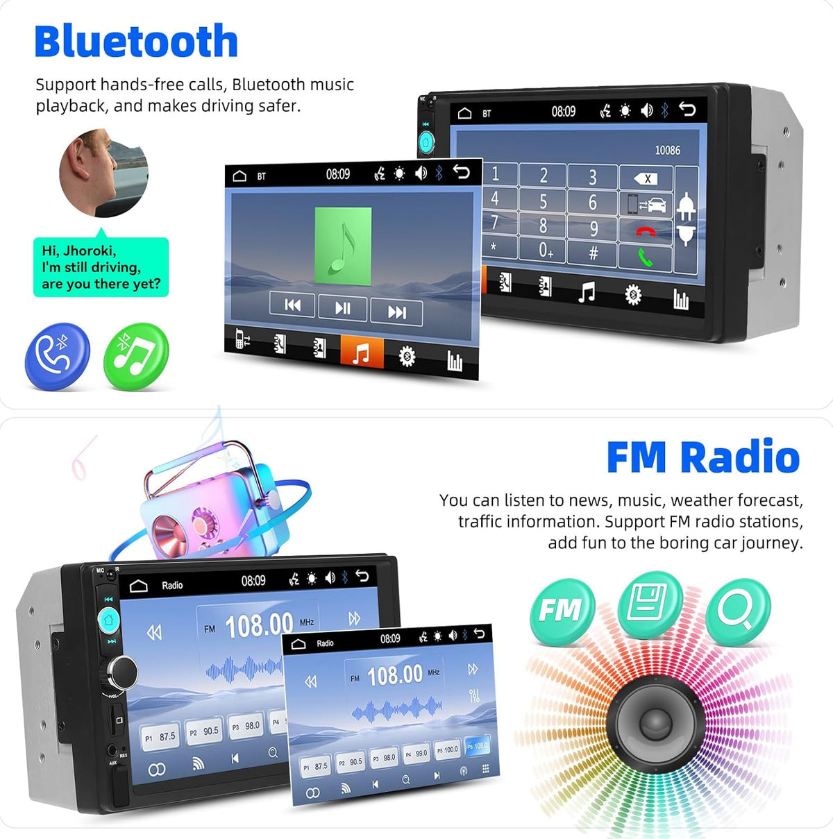 Universal Double Din Car Stereo 7 inch Touchscreen Radio with Mirror Link FM Receiver Multimedia Player Head Unit Bluetooth EQ USB TF AUX+ 12 LED Backup Camera MIC - PuriLite