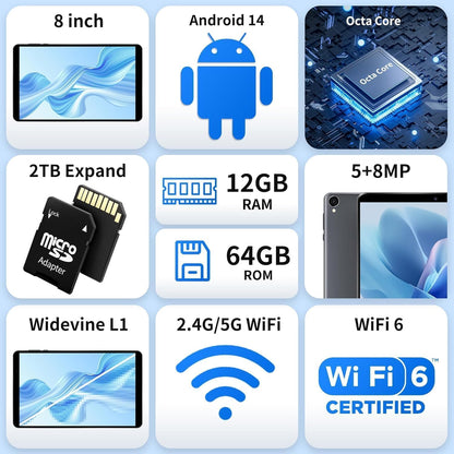 2025 Topsand Android 15 Tablet 8 inch Tablet, Octa-Core Processor, 12GB RAM 64GB ROM 2TB Expandable, 1280 * 800 IPS HD Screen, WiFi6, BT5.4, Widevine L1, 5MP+8MP Dual Camera - PuriLite
