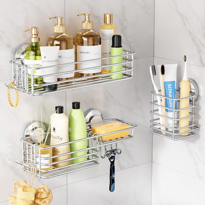 LEVERLOC Shower Caddy Suction Cup, 2 Pack Black Shower Shelf with Hooks and Soap Holder, NO-Drilling Bathroom Organizer, Rustproof Metal Bathroom Storage and Organization - PuriLite