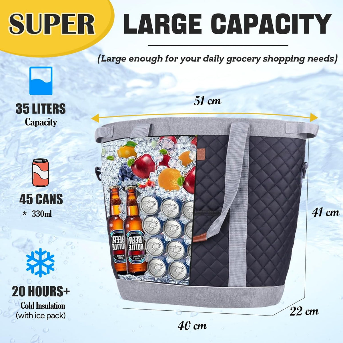 INSMEER Extra Large Tote Cooler Bags - 45 Cans/35L, Collapsible Soft Side Cooler with Shoulder Strap, Leakproof/Waterproof/Insulated/Reusable Grocery Bag for Beach, Camping, Travel, Grocery Shopping - PuriLite