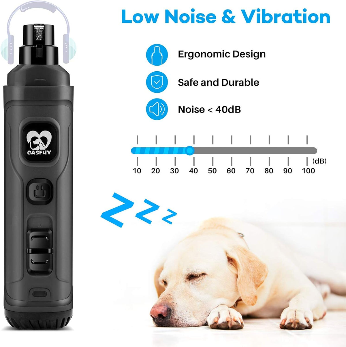 Casfuy Dog Nail Grinder with 2 LED Light - New Version 2-Speed Powerful Electric Pet Nail Trimmer Professional Quiet Painless Paws Grooming & Smoothing for Small Medium Large Dogs and Cats (Blue) - PuriLite