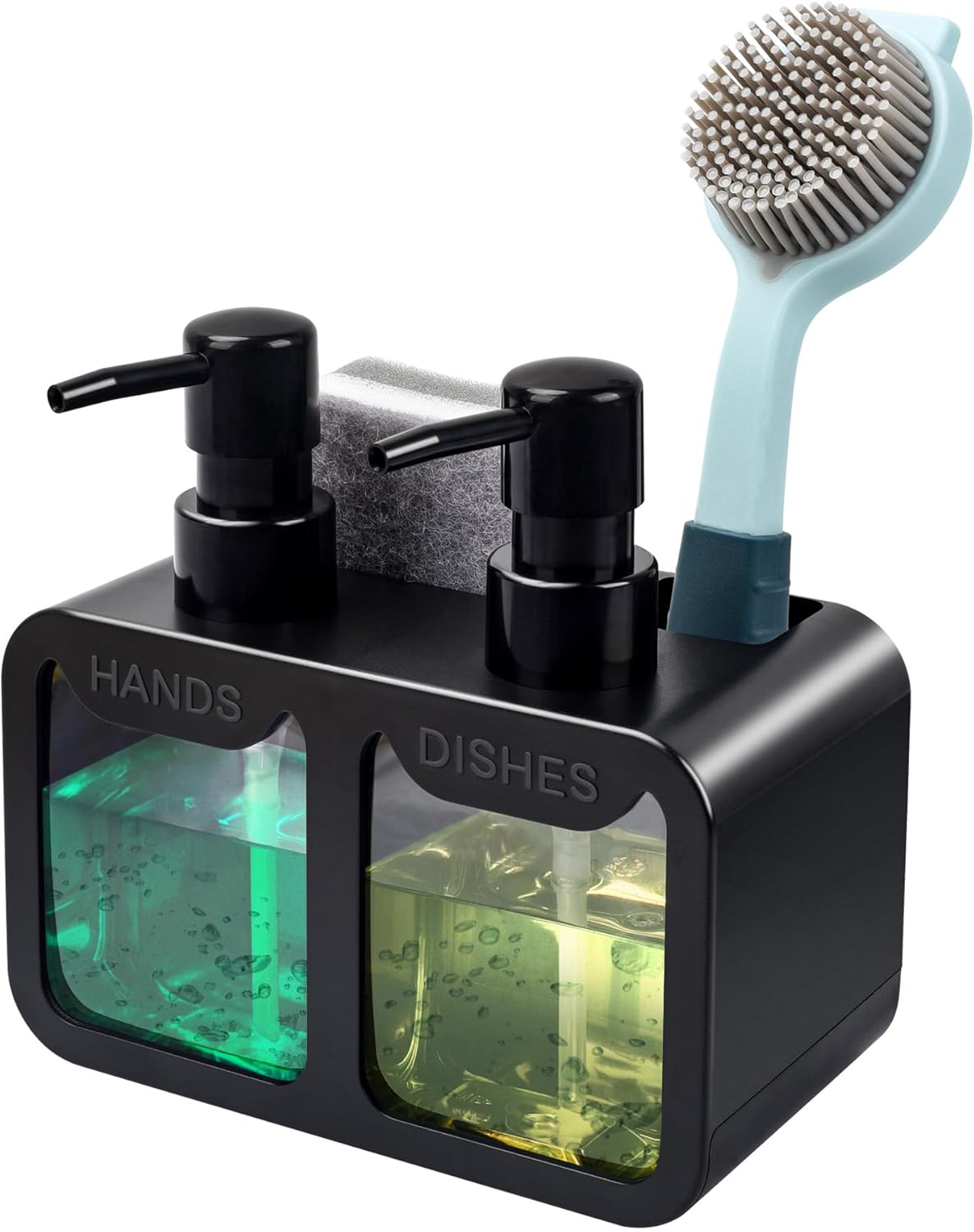 Kitchen Hand Soap and Dish Soap Dispenser Set – Dual Pump Soap Dispenser with Sponge and Brush Holder, 4-in-1 Sink Organizer, BPA-Free, Compact Kitchen Countertop Storage, Black - PuriLite