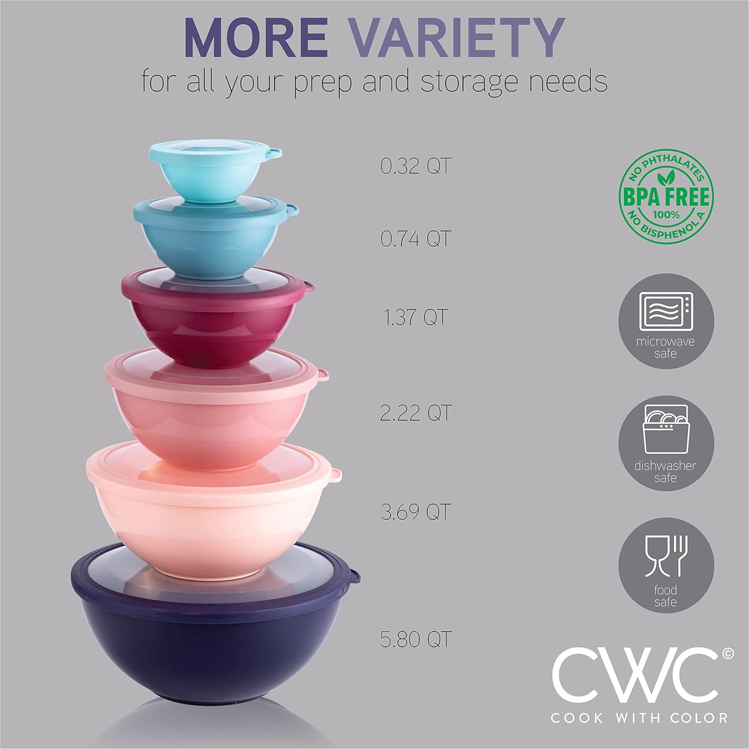 COOK WITH COLOR Mixing Bowls with TPR Lids - 12 Piece Plastic Nesting Bowls Set Includes 6 Prep Bowls and 6 Lids, Microwave Safe Mixing Bowl Set (Mint) - PuriLite