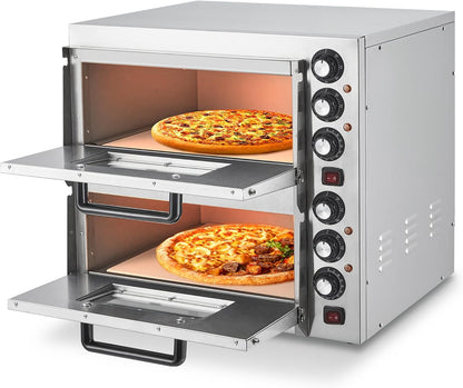 Commercial Pizza Oven Countertop, 3600W Stainless Steel Electric Pizza Oven, Indoor Pizza Maker with Timer/Pizza Stones, Double Deck Layer Pizza Cooker for Restaurant Home, Silver