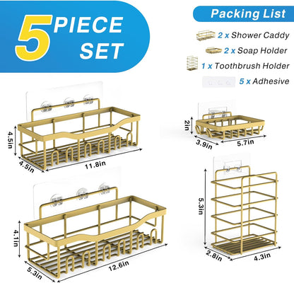 EUDELE 5-Pack Rustproof Stainless Steel Shower Caddy – No Drill Adhesive Bathroom Organizer with Large Capacity, Spacious Shower Shelves for Inside Shower, Kitchen & Home Decor Storage - PuriLite