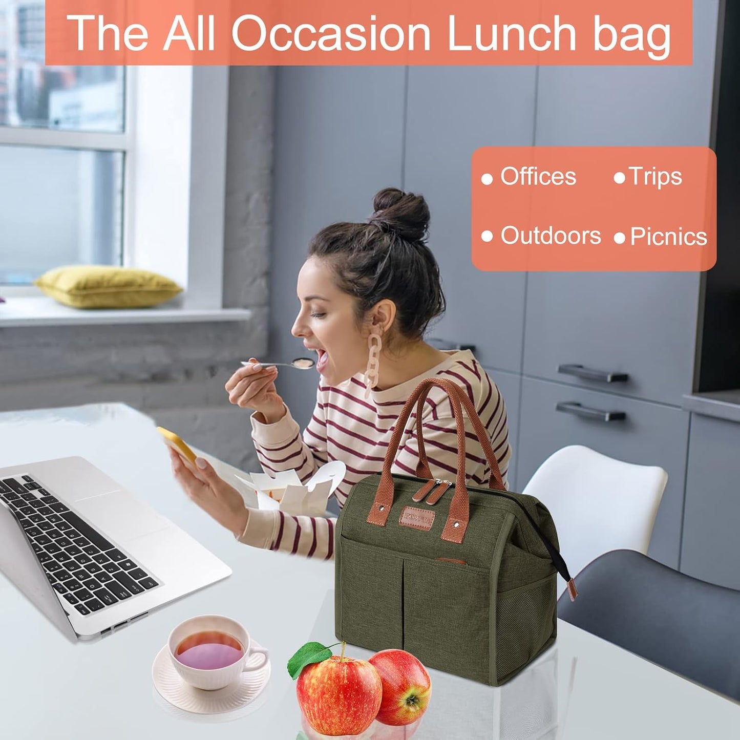 Lunch Bag for Women & Men, Insulated Lunch Box Cooler Tote Bags, Adult Reusable Lunch Boxes with Water Resistant for Work, Travel and Picnic (Grey) - PuriLite