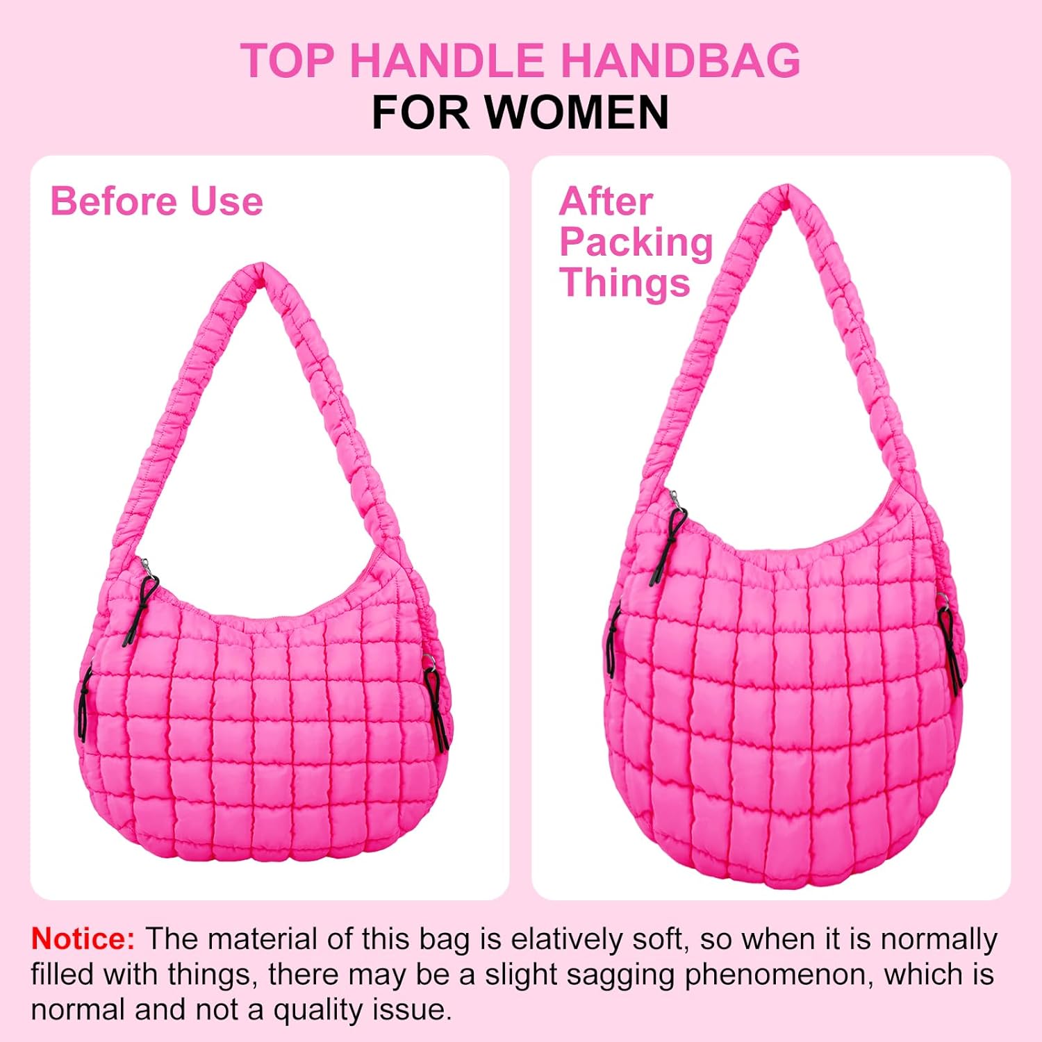 Quilted Puffer Tote Bag Large Crossbody Shoulder Bag with Zipper, Nylon Hobo Oversized Handbag - PuriLite