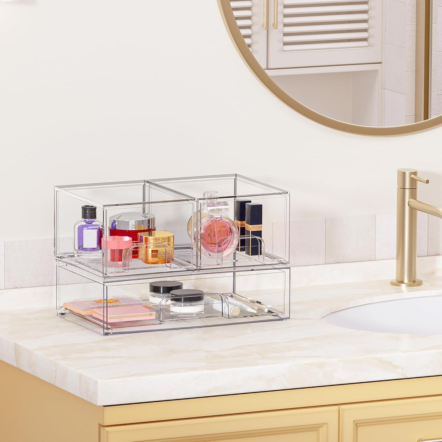 Vtopmart 3 Pack Stackable Clear Plastic Drawer Organizer, Makeup Organizers and Storage for Eyeshadow Palettes, Cosmetics, Beauty Supplies, Ideal for Vanity, Desk, Office, Bathroom Organization - PuriLite