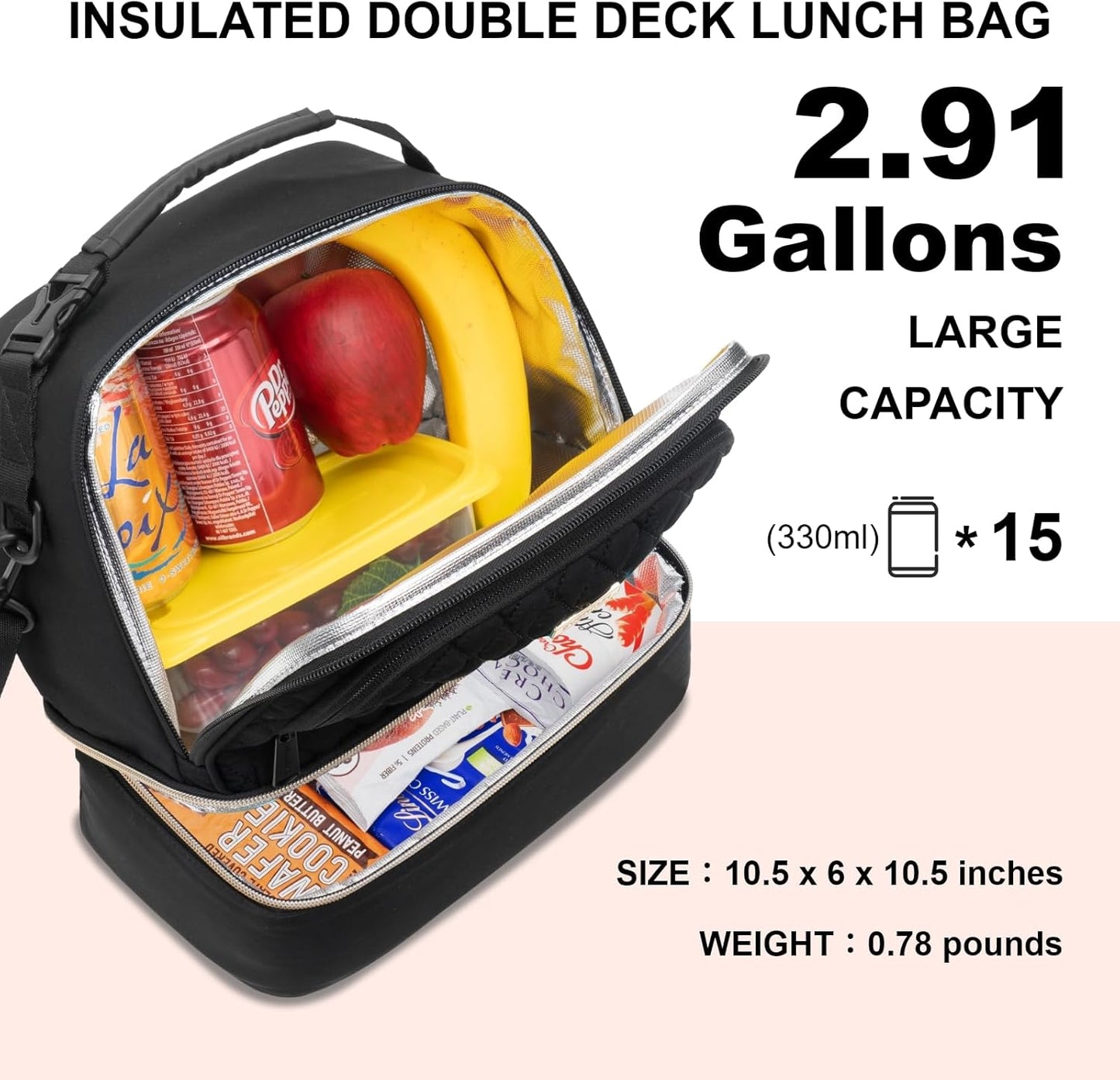 Everfun Womens Lunch Box Two Compartments Insulated Lunch Tote Bag Large Leakproof Soft Cooler for Work Picnic Travel, Black - PuriLite