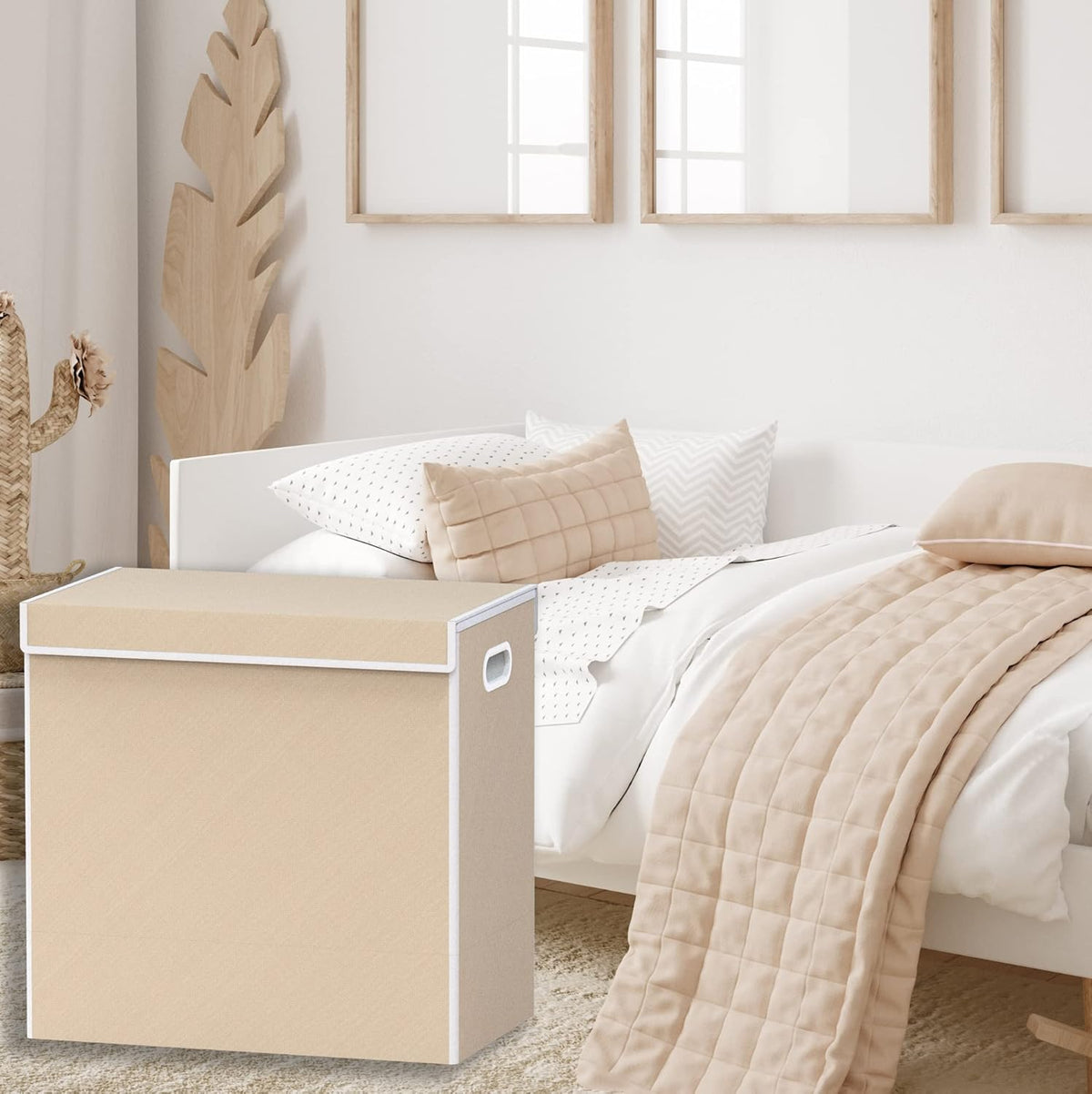 SimpleHouseware Double Laundry Hamper with Lid and Removable Laundry Bags, Beige - PuriLite