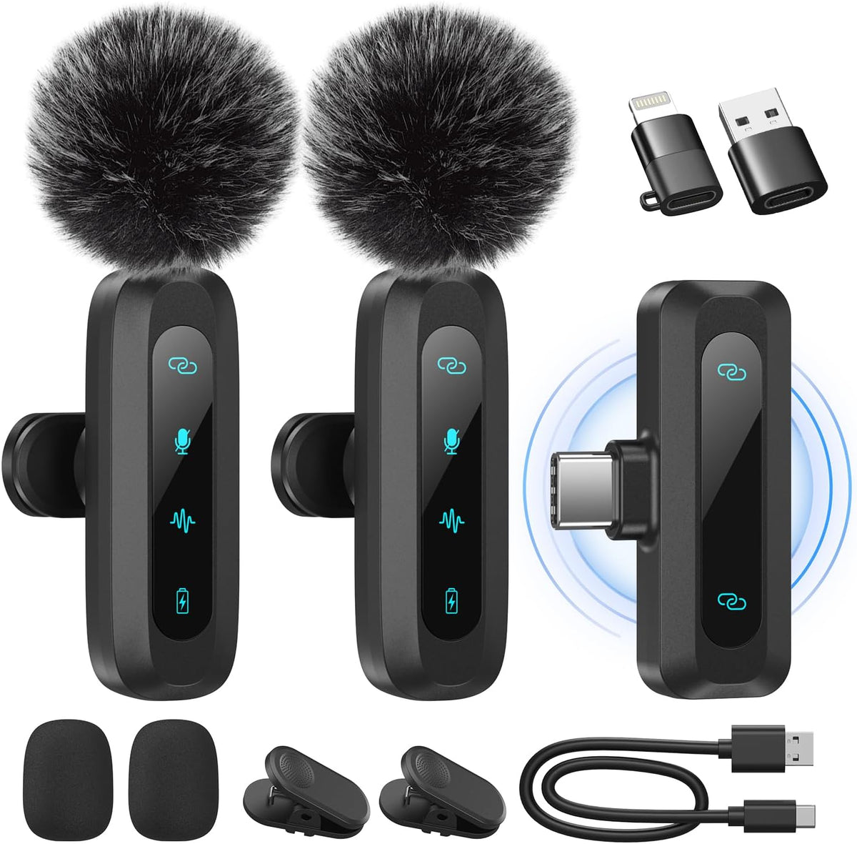 Wireless Lavalier Microphone for iPhone, iPad, Android Phone，2-Pack Mini Microphone with Noise Reduction, Auto Pairing and Mute & Reverb for Vlogging, Video Recording, TikTok, YouTube - Plug & Play - PuriLite
