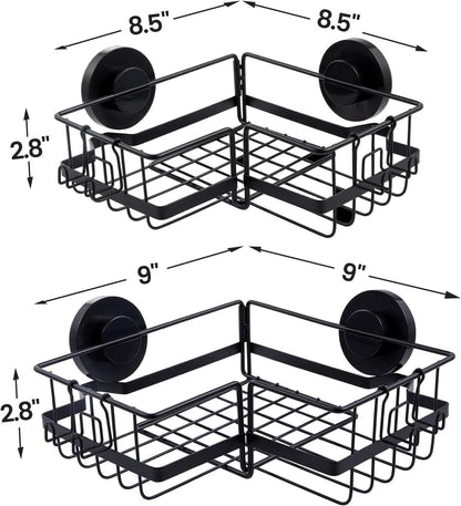 LEVERLOC Shower Caddy Suction Cup, 2 Pack Black Shower Shelf with Hooks and Soap Holder, NO-Drilling Bathroom Organizer, Rustproof Metal Bathroom Storage and Organization - PuriLite