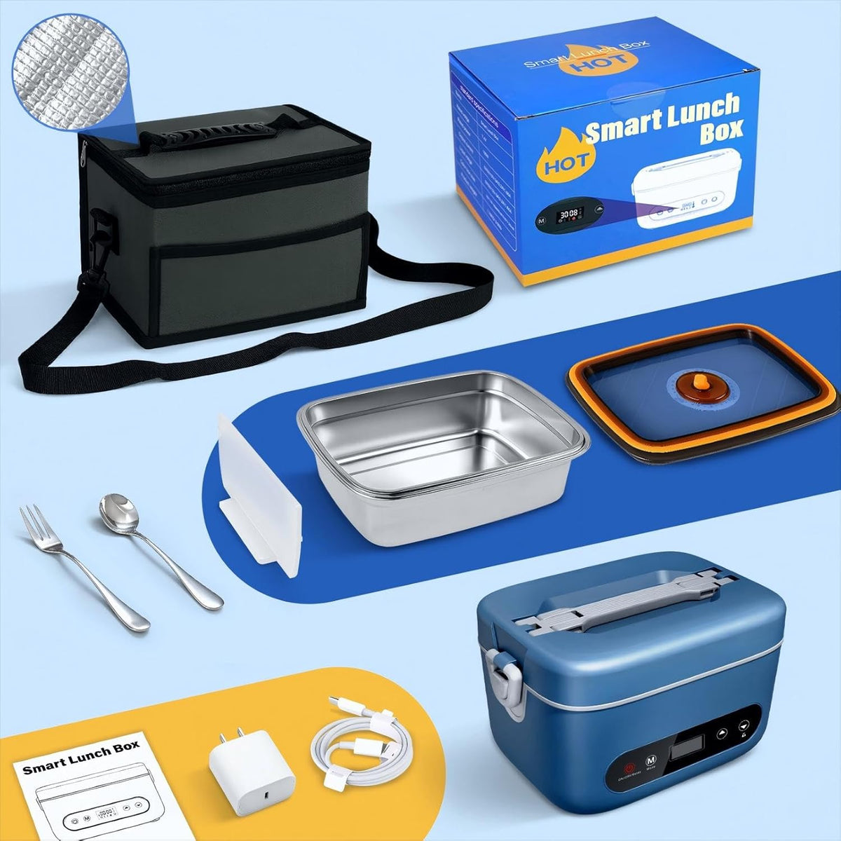 Cordless Electric Lunch Box,100W Self Heating Lunch Box,5 Cups Heated Lunch Box for Men,Multi-Mode Automatic Heating,Suitable for Office/Outdoor Use,Comes with an Insulated Bag and Utensils - PuriLite