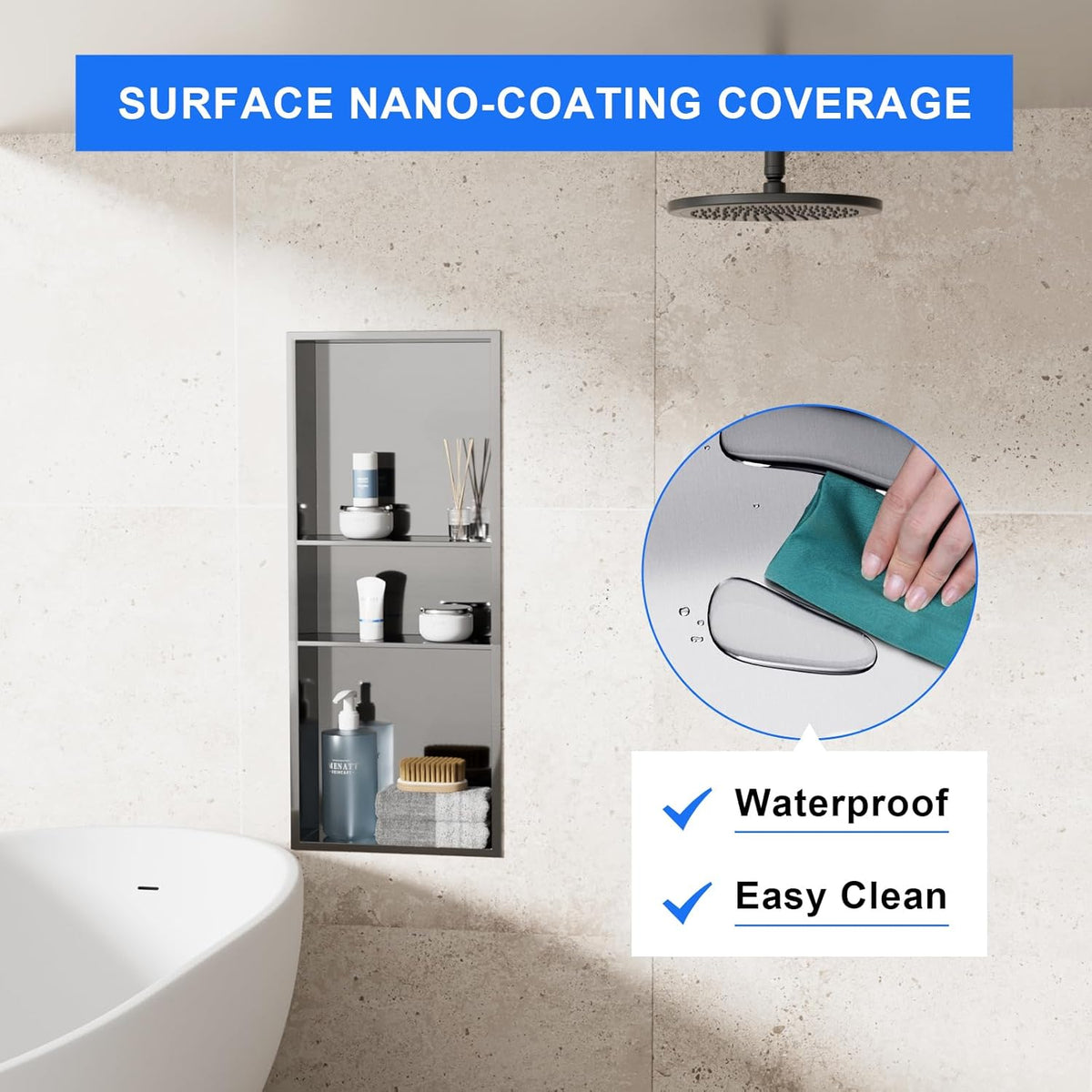 MENATT No Tile Shower Niche, Stainless Steel Wall Niche 13"X19"(Inner Size 12"X18"), Two-Tier Bathroom Shelf, NO Tile Needed Recessed Niche Shower for Bathroom Storage, Black - PuriLite