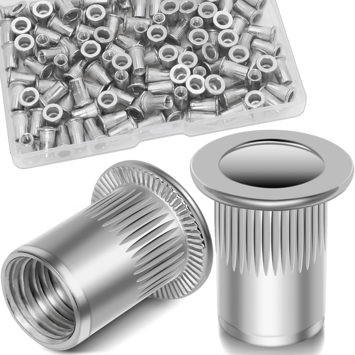 Vifmy Metric & SAE Rivet Nut Assortment Kit(420 Pcs),m3 m4 m5 m6 m8 m10 m12#6-32#8-32#10-24 1/4"-20 5/16"-18 3/8"-16 UNC Flat Head Rivnut Set,Zinc Plated Finish Carbon Steel Nutsert - PuriLite