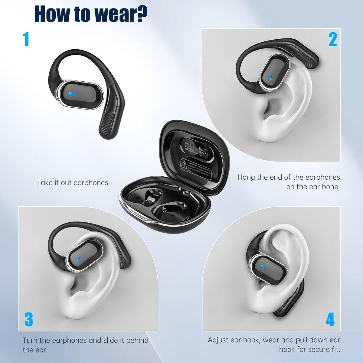 Wireless Earbuds Bluetooth 5.4 Headphones, IPX7 Waterproof Stereo Earphones with Noise Cancelling Mic, Open Ear Buds with Ergonomic Ear Hook for Fitness/Sports/Travel (Black)